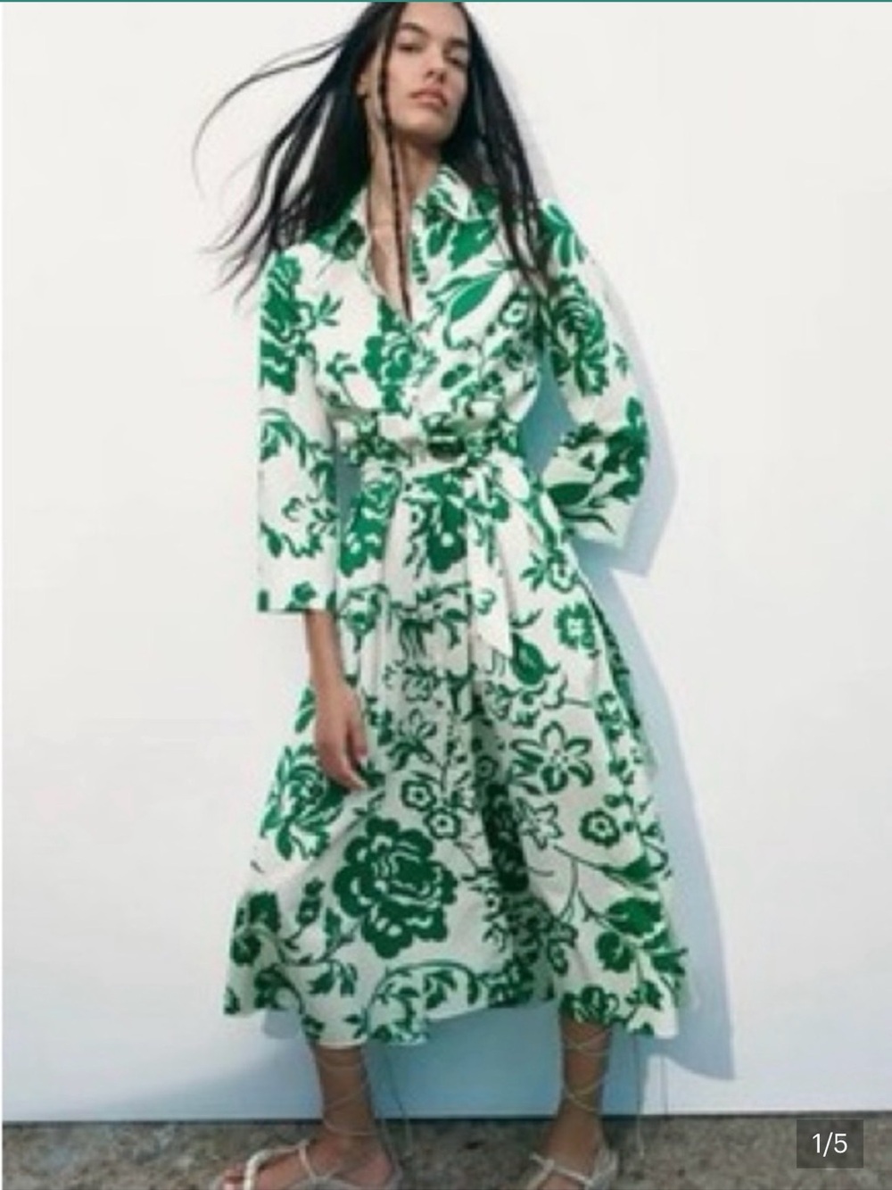 Zara White Midi Dress with Green Floral Print and Tie Belt
